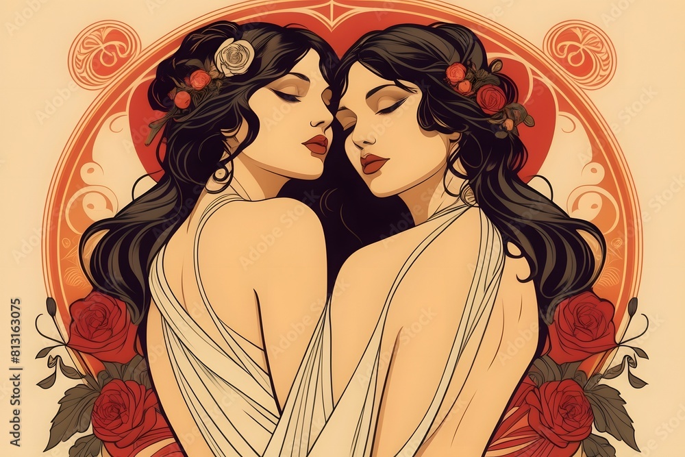 Art Nouveau style: Two lesbians entwined in deep love, captured in an elegant illustration celebrating romance and diversity. Art Nouveau style: Two lesbians entwined in deep love, captured in an elegant illustration celebrating romance and diversity.