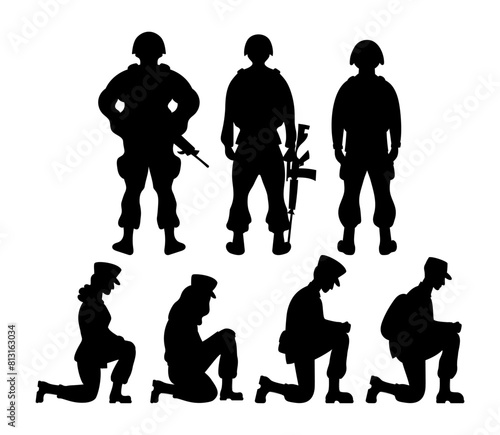 Military people collection. Soldiers standing with their backs with weapons and warrior men and women stand on one knee. Isolated black drawings silhouettes. Vector illustration.