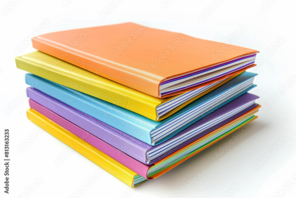 A stack of colorful notebooks isolated on a white background, extracted from the background, with no background. Concept of organization and productivity. Generative Ai. A stack of colorful notebooks isolated on a white background, extracted from the background, with no background. Concept of organization and productivity. Generative Ai.