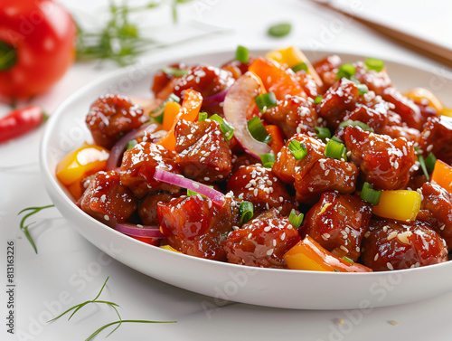 Sweet and Sour Pork on white background with copy space, japanese food