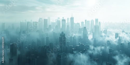 Foggy cityscape with skyscrapers. smog background