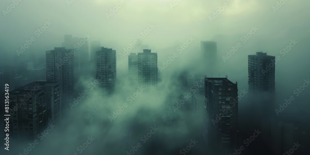 Foggy cityscape with skyscrapers.