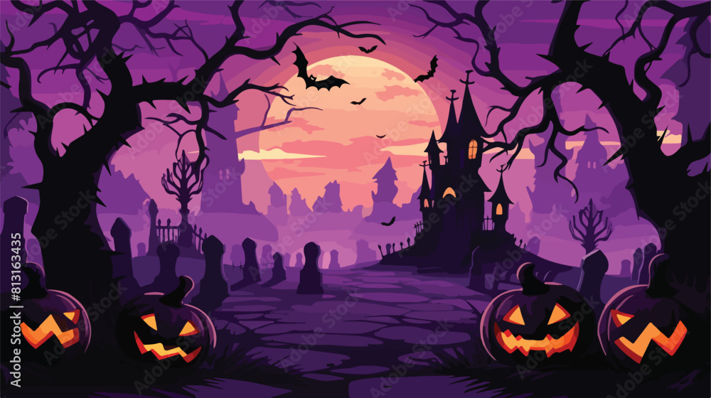Purple Halloween poster with black spooky graveyard