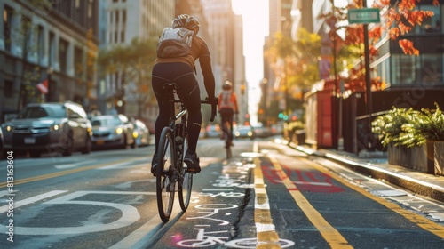A cyclist riding through a designated bike lane in the city, promoting sustainable and healthy transportation options.