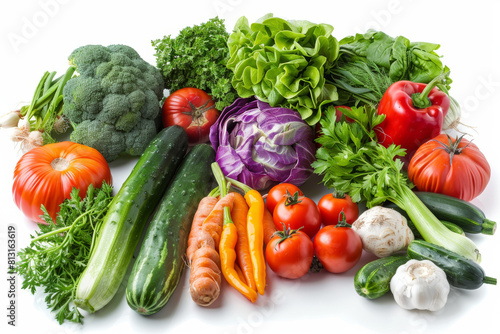 A colorful assortment of vegetables isolated against a white backdrop, cut out from the background, with no background. Concept of nutrition and health. Generative Ai.