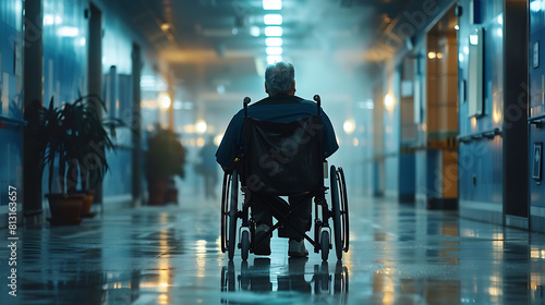 Close up of Man who use a wheelchair at the hospital with copy space