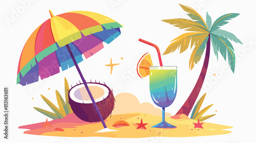 Rainbow colored open beach umbrella and coconut coc