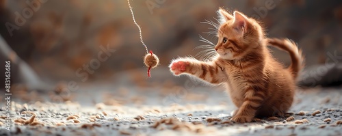 A cute ginger kitten is playing with a string toy. The kitten is crouched down and is batting at the toy with its paws. The kitten is having a lot of fun and is very excited.