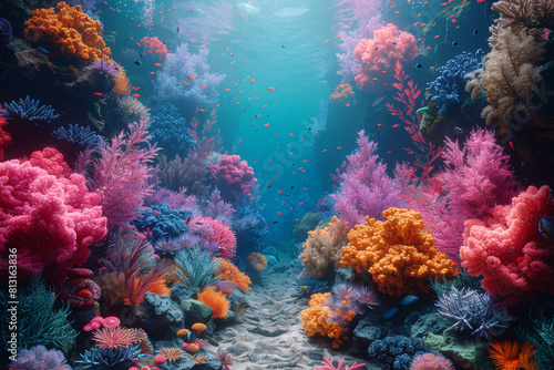 An underwater diorama featuring colorful coral reefs, exotic fish, and other marine life, providing a window into the vibrant world beneath the waves. Concept of marine biodiversity. Generative Ai. © Sebastian