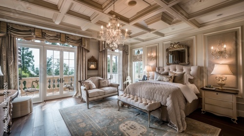 Marvel At The Grandeur Of A Coffered Ceiling In A Bedroom, With A Chandelier Hanging Above The Bed, Adding A Touch Of Opulence To The Space photo