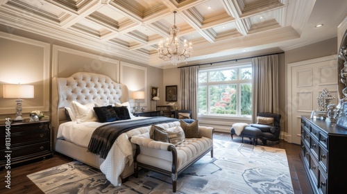 Marvel At The Grandeur Of A Coffered Ceiling In A Bedroom, With A Chandelier Hanging Above The Bed, Adding A Touch Of Opulence To The Space photo