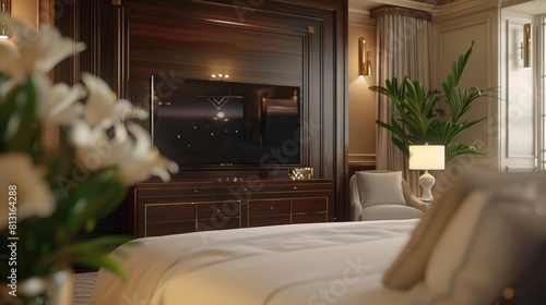 Marvel At The Sophistication Of A 3D-Rendered Beautiful Luxury Bedroom Suite In A Hotel, Complete With A Tv And Plush Furnishings For Ultimate Relaxation
