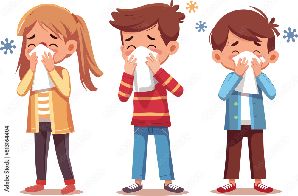 Vector Illustration of Children Sneezing - Depicting a Sick Child with a Handkerchief, Perfect for Health and Medical Themes Vector Illustration of Children Sneezing - Depicting a Sick Child with a Handkerchief, Perfect for Health and Medical Themes