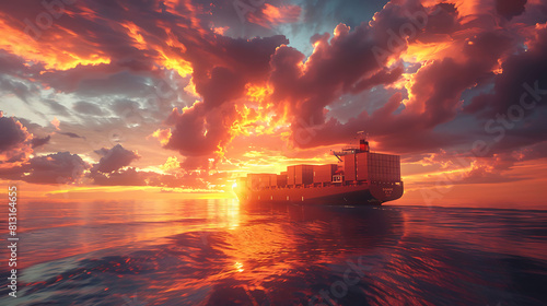 Container cargo ship in ocean at sunset dramatic sky background with copy space, Nautical vessel and sea freight shipping, International global business logistics transportation import export concept