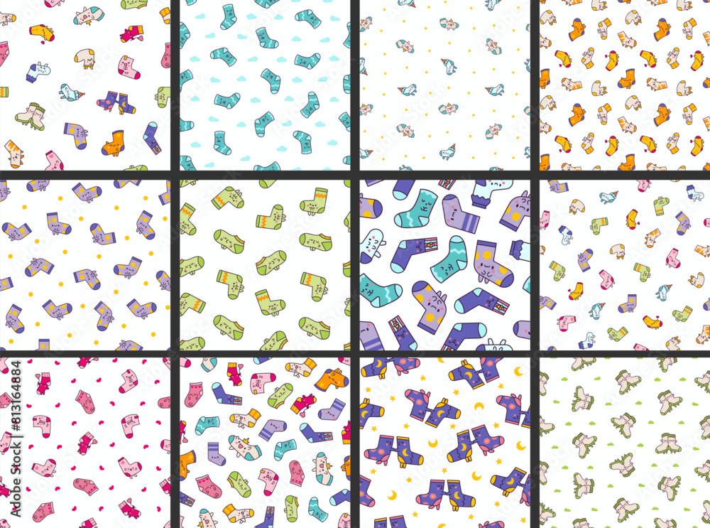 Cute kawaii socks cartoon character with different textures. Seamless pattern. Hand drawn style. Vector drawing. Collection of design ornaments. Cute kawaii socks cartoon character with different textures. Seamless pattern. Hand drawn style. Vector drawing. Collection of design ornaments.