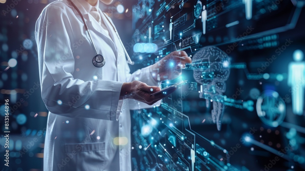 Smart Hospitals with A doctor with a stethoscope, using smartphone Digital technology. Smart Hospitals with A doctor with a stethoscope, using smartphone Digital technology.