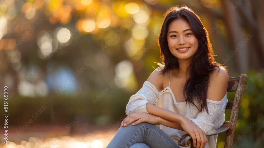 Relax And Unwind With An Attractive Casual Asian Woman, Her Smile Radiant As She Sits On A Wooden Chair, Enjoying A Moment Of Tranquility Relax And Unwind With An Attractive Casual Asian Woman, Her Smile Radiant As She Sits On A Wooden Chair, Enjoying A Moment Of Tranquility