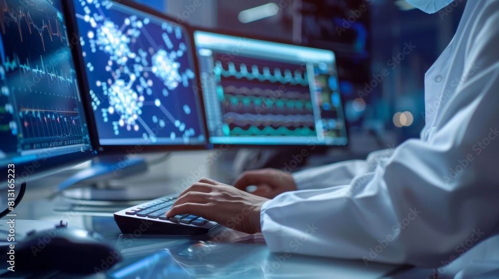 The person working on a computer with a background that includes abstract graphics of technology. The person working on a computer with a background that includes abstract graphics of technology.