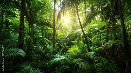 Panoramic view of dense forest with palms and lianas. Generative Ai