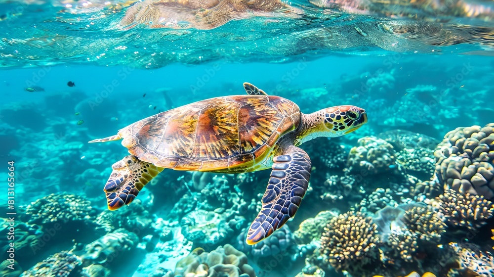 Obraz premium Sea turtle swimming in ocean waters. Beautiful turtle amidst underwater flora. Concept of wildlife conservation, marine biology, underwater beauty