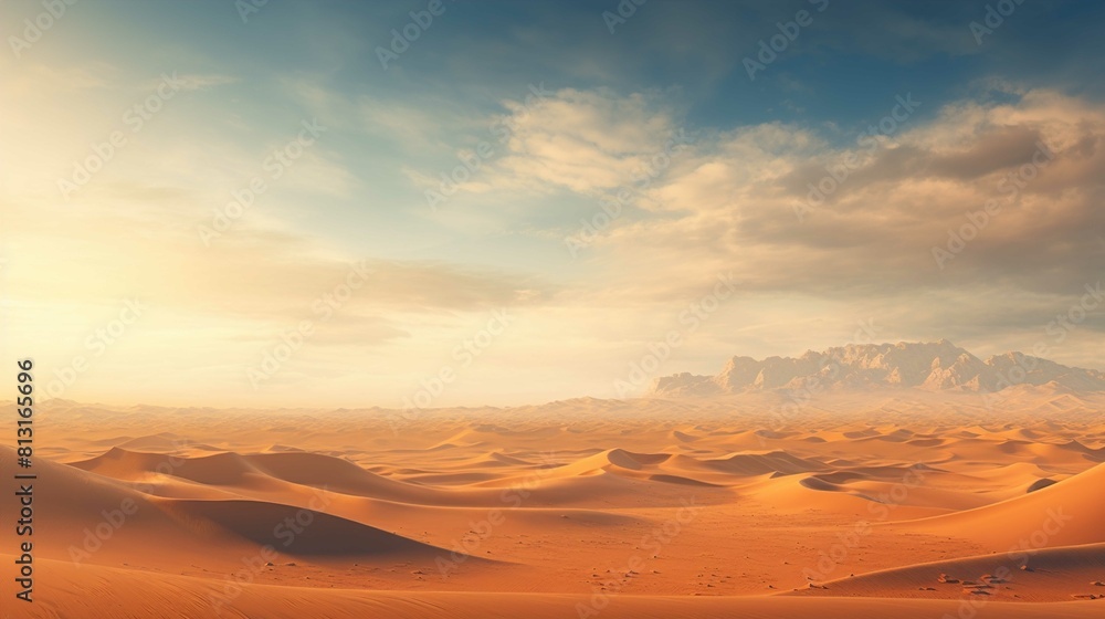 The image showcases a vast desert with rolling sand dunes under a warm, glowing sky. The dunes create a pattern of light and shadow, accentuating their smooth contours. In the background, rugged mount