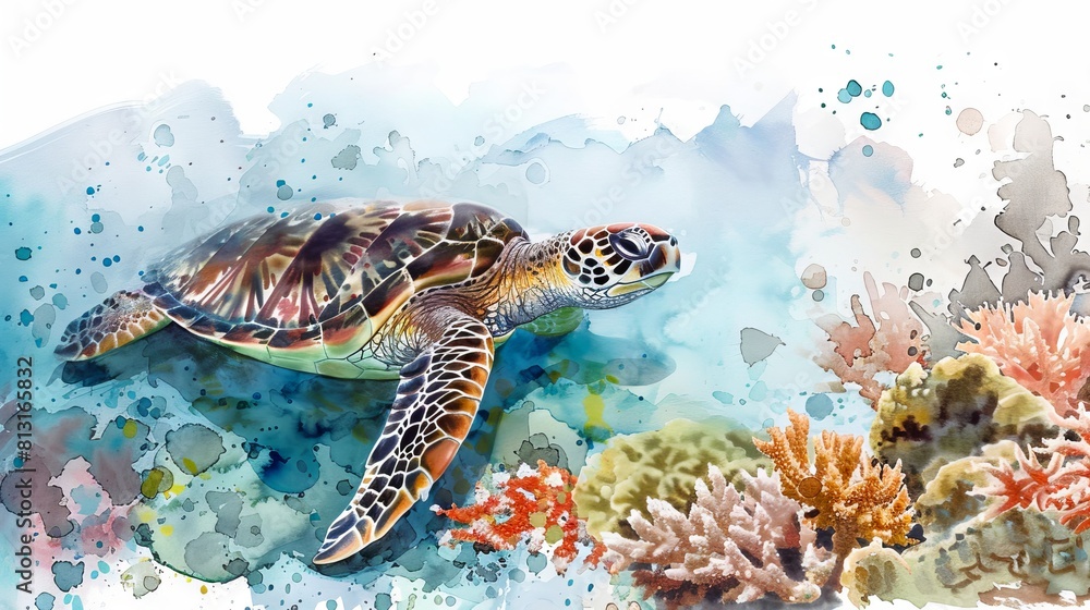 Sea turtle swimming in ocean waters with coral reefs. Beautiful turtle amidst underwater flora. Concept of wildlife conservation, marine biology, natural underwater beauty. Watercolor artwork Sea turtle swimming in ocean waters with coral reefs. Beautiful turtle amidst underwater flora. Concept of wildlife conservation, marine biology, natural underwater beauty. Watercolor artwork