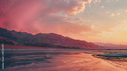 A serene landscape depicts a shallow body of water reflecting the warm hues of the sky at sunset or sunrise. The sky is ablaze with shades of pink  orange  and yellow  touching the scattered clouds. I