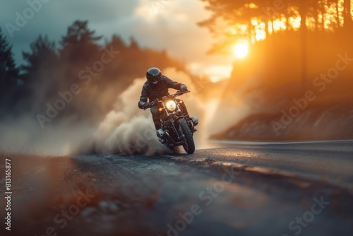 Motorcyclist riding on a dusty road at dawn © jaykoppelman