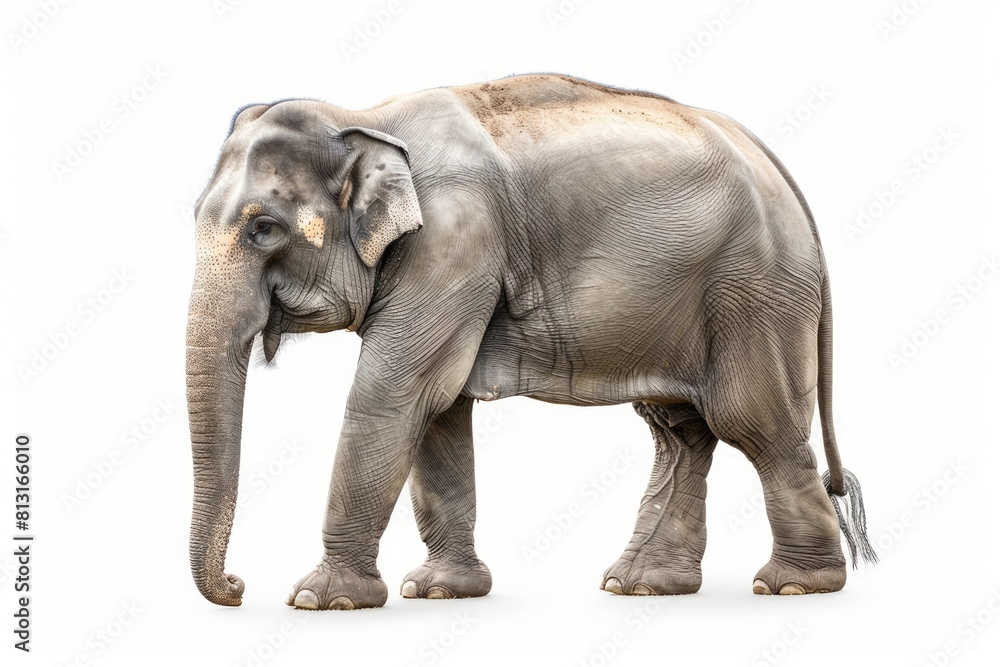 Naklejka premium Asian Elephant isolated on a white background. Cute Elephant standing alone. Concept of wildlife, animal portraits, zoology and conservation.