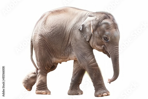 Cute baby Elephant in realistic detail on a pure white backdrop. Lifelike portrayal of an elephant. Concept of animal study  wildlife  and nature
