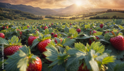 Strawberry plantation. Ripe strawberries in the beds. Strawberry plantation on the hills. AI generated