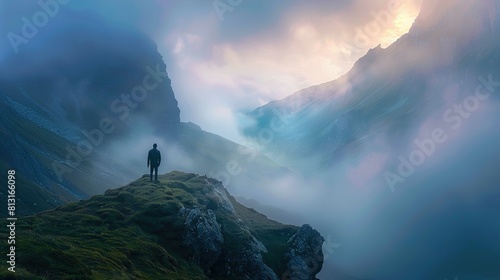 The image showcases a breathtaking landscape scene with a solitary figure standing on a grassy outcrop. The person is silhouetted against a backdrop of steep, misty mountains which fade into the dista