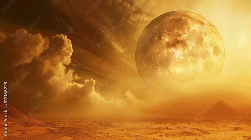 The image features an expansive desert landscape bathed in a golden hue. The sky is dramatic with swirling clouds and glowing light, which gives the scene a surreal atmosphere. Dominating the skyline The image features an expansive desert landscape bathed in a golden hue. The sky is dramatic with swirling clouds and glowing light, which gives the scene a surreal atmosphere. Dominating the skyline