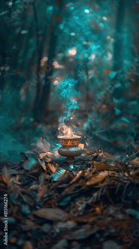 In the center of the image, there's an ornate incense burner placed on the ground amidst fallen leaves within a forest setting. The incense burner exhibits intricate patterns and appears to be made of