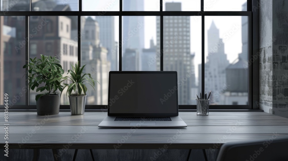 A trendy and minimalist workspace featuring a clean desk with a high-tech laptop, framed by an urban window view, reflecting a contemporary and productive atmosphere. A trendy and minimalist workspace featuring a clean desk with a high-tech laptop, framed by an urban window view, reflecting a contemporary and productive atmosphere.