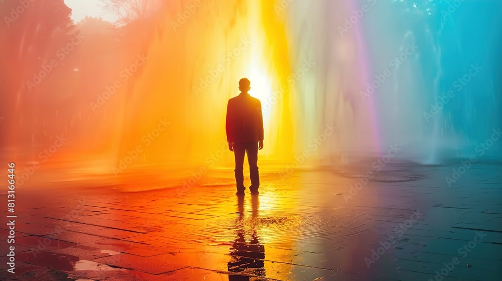 A solitary figure stands in the foreground facing a colorful light show, which resembles a rainbow-colored fountain or waterfall. The person is silhouetted against the vibrant and glowing lights, whic
