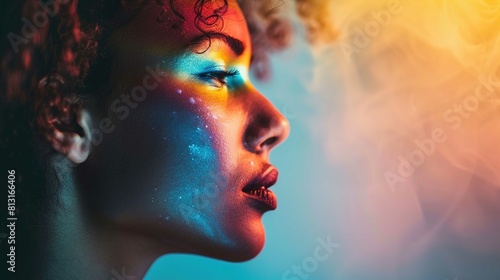 A close-up side profile of a person with vibrant cosmic-themed makeup. The person's skin is adorned with splashes of blue, purple, pink, and gold colors that resemble a nebula or a starry night sky. T