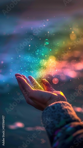 An open hand is extended toward the camera, against a softly blurred background that creates a magical, bokeh effect with circles of light in various sizes and colors. The hand appears to be releasing © Jesse