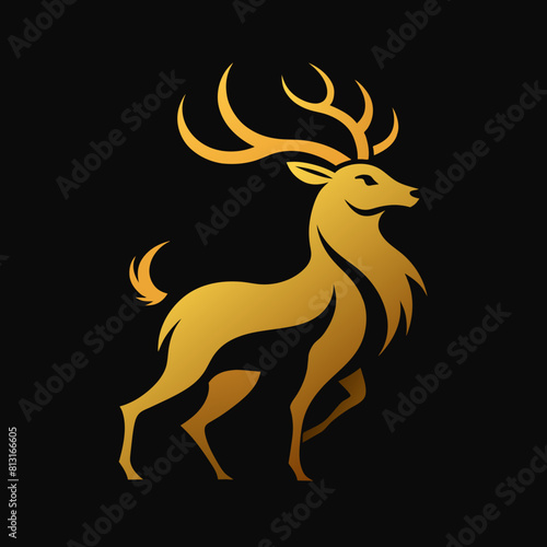 Gold unique regal golden stag, closeup, business logo vector, sphere style, luxury, premium style logo, elegant vector logo, consistency in every shape, perfect logo, dark black combined background,