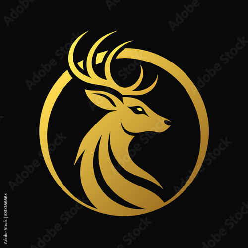 Gold unique regal golden stag, closeup, business logo vector, sphere style, luxury, premium style logo, elegant vector logo, consistency in every shape, perfect logo, dark black combined background,