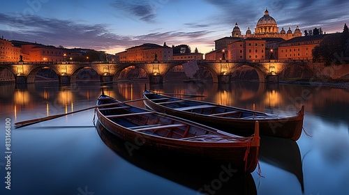 A tranquil evening scene featuring three wooden boats with oars, gently floating on smooth, glassy water. The background is dominated by a grand, historical bridge with multiple arches that spans acro photo
