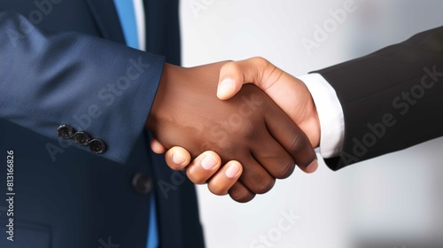 Two individuals engaging in a handshake. One person is wearing a dark blue suit with a light blue shirt and the other is wearing a black suit with a white shirt. The focus is on the clasped hands at t