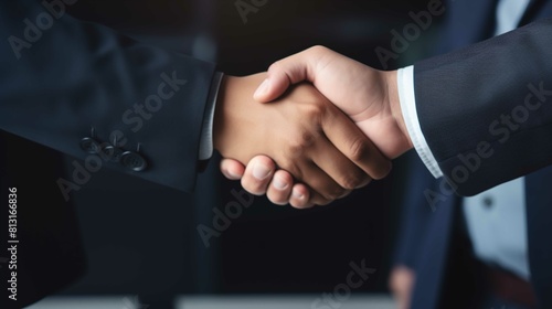 Two individuals are engaged in a handshake, which is the primary focus of the image. The person on the left is wearing a black suit with the sleeve filling the left side of the frame, revealing three 