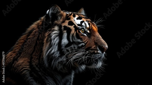 A majestic tiger is portrayed in side profile against a black background