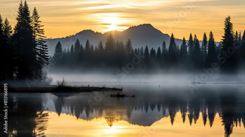 A serene landscape is depicted showing a sunrise over a mountain range with silhouetted coniferous trees in the foreground. Mist hovers above the smooth surface of a lake, which reflects the trees and