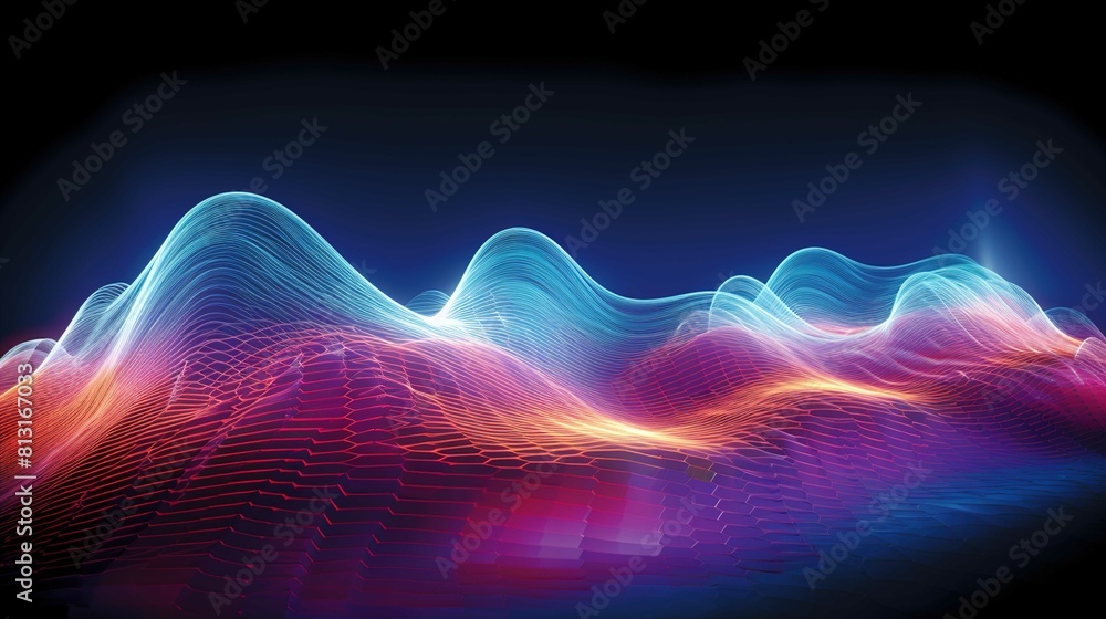 The image features a vibrant abstract landscape composed of dynamic, flowing lines. These lines create a series of peaks and valleys, simulating a three-dimensional wavelike form. The color palette tr The image features a vibrant abstract landscape composed of dynamic, flowing lines. These lines create a series of peaks and valleys, simulating a three-dimensional wavelike form. The color palette tr