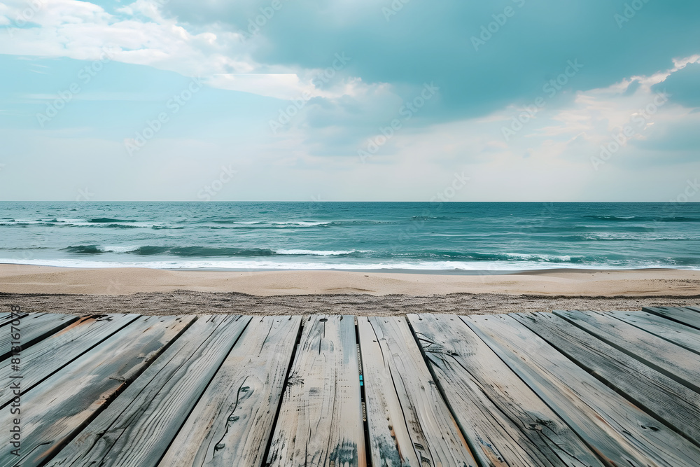 Wooden floor on the beach with blue sky and cloud background. Generative AI Wooden floor on the beach with blue sky and cloud background. Generative AI