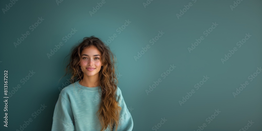 Young woman with curly brown hair smiling against green background Young woman with curly brown hair smiling against green background