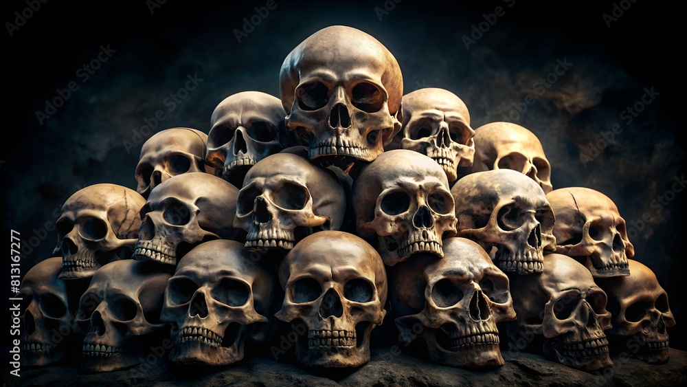 Pile of human skulls on a dark background. Pile of human skulls on a dark background.