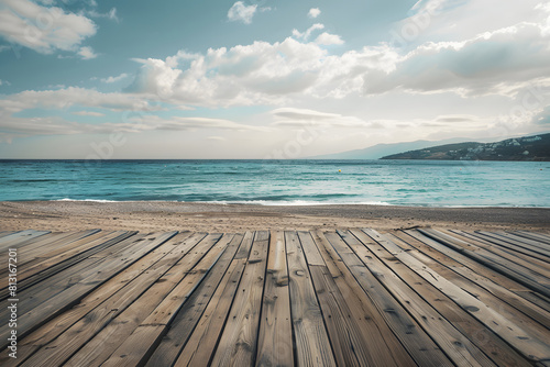 Wooden floor on the beach with blue sky and cloud background. Generative AI